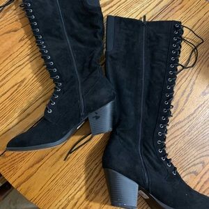 Black Knee High Wide Width Wide Calf Lace Up and Zipper Boots